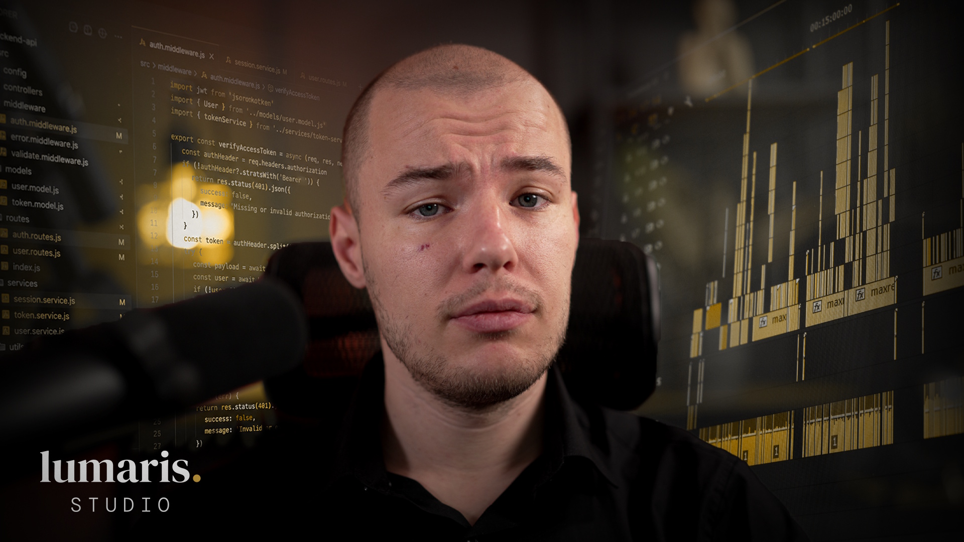 Marko Živić, founder of Lumaris Studio, speaking to camera in his studio